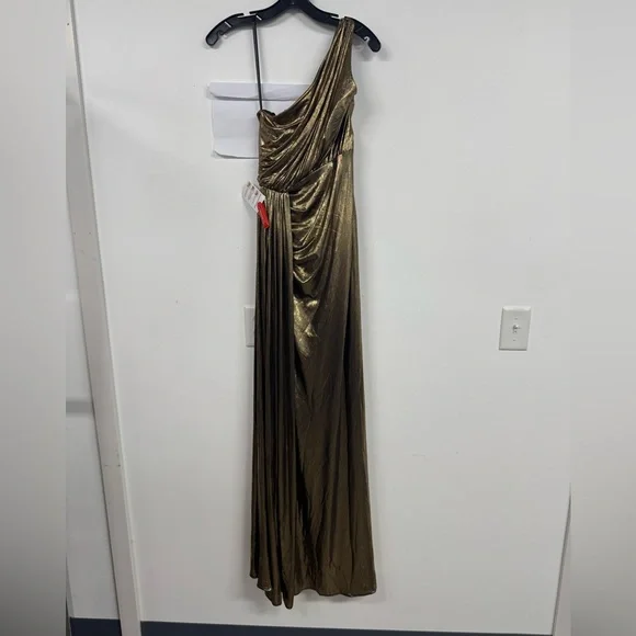 Mac Duggal Gold Asymmetrical Ruched Cocktail Gown - Picture 2 of 6